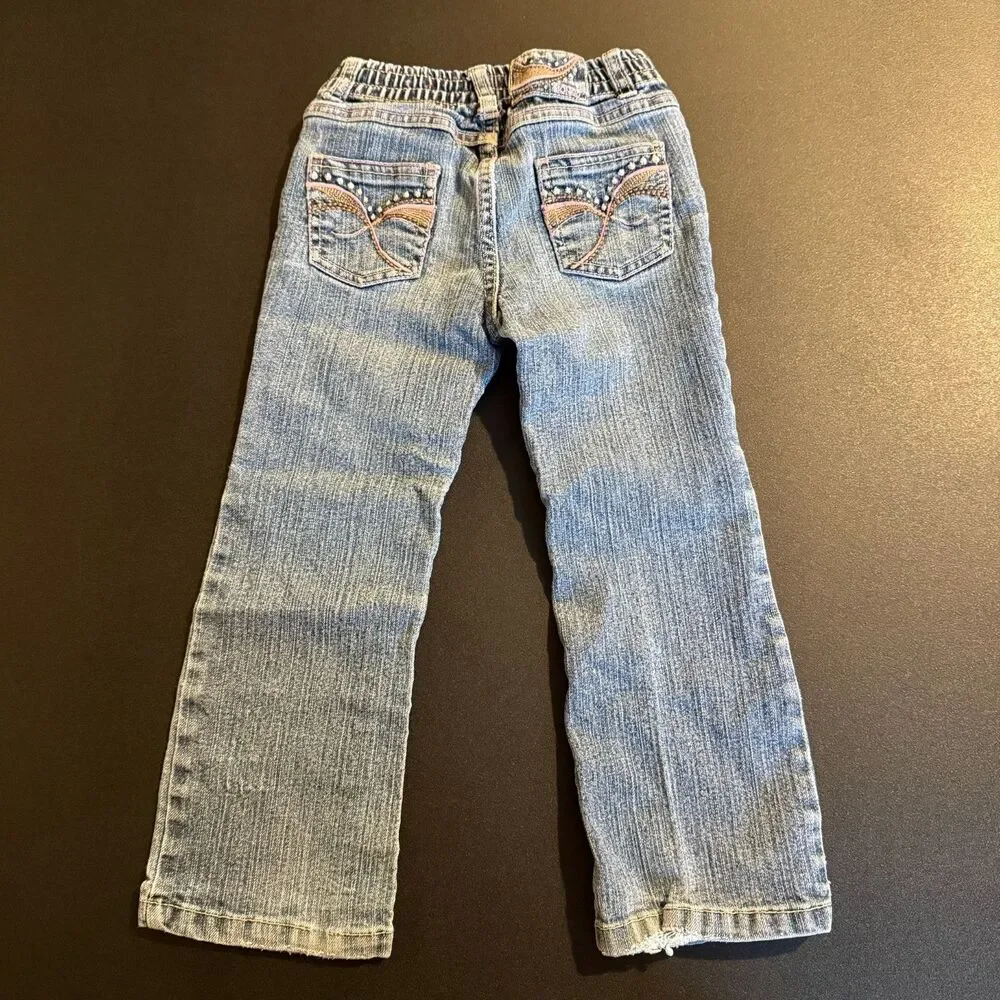 Vtg BONGO Girls 4T Jeans Y2K Boho Embroidered Pockets Flare Denim Elastic Waist